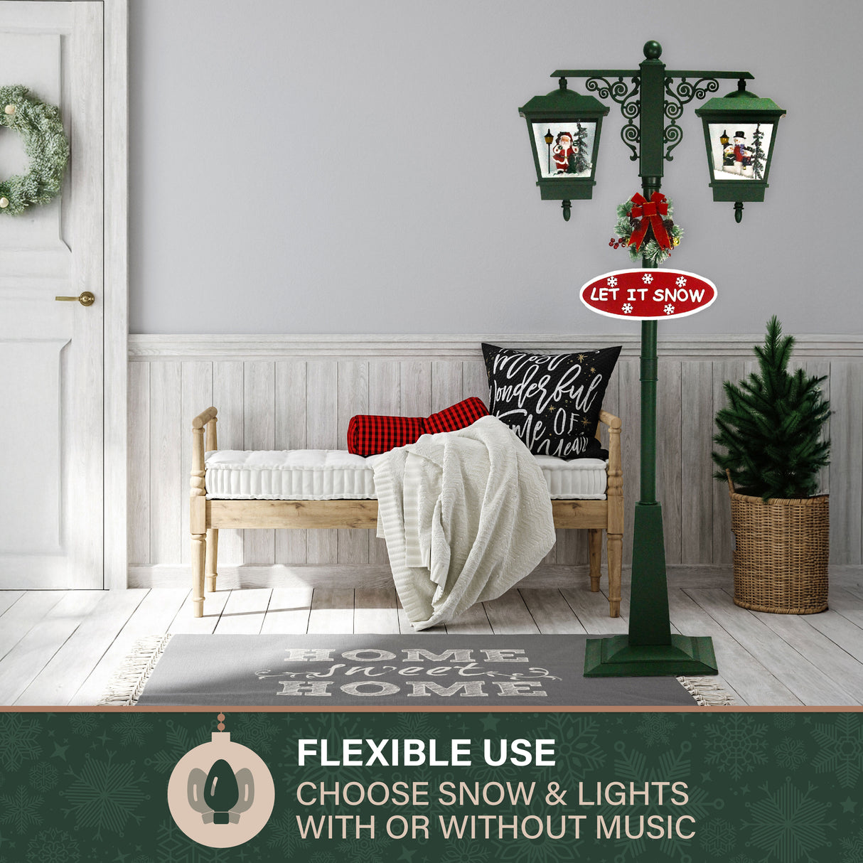 Fraser Hill Farm Let It Snow Series 74-In Dual-Lantern Street Lamp with Santa & Snowman with Cascading Snow, Christmas Music