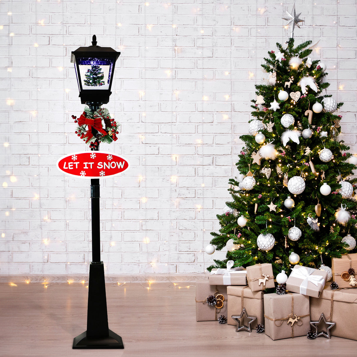 71-in. Musical Snowy Christmas Street Lamp in Black