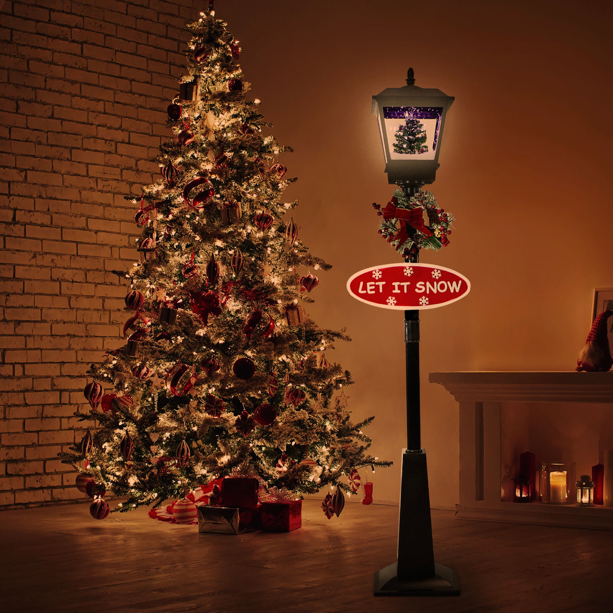 71-in. Musical Snowy Christmas Street Lamp in Black