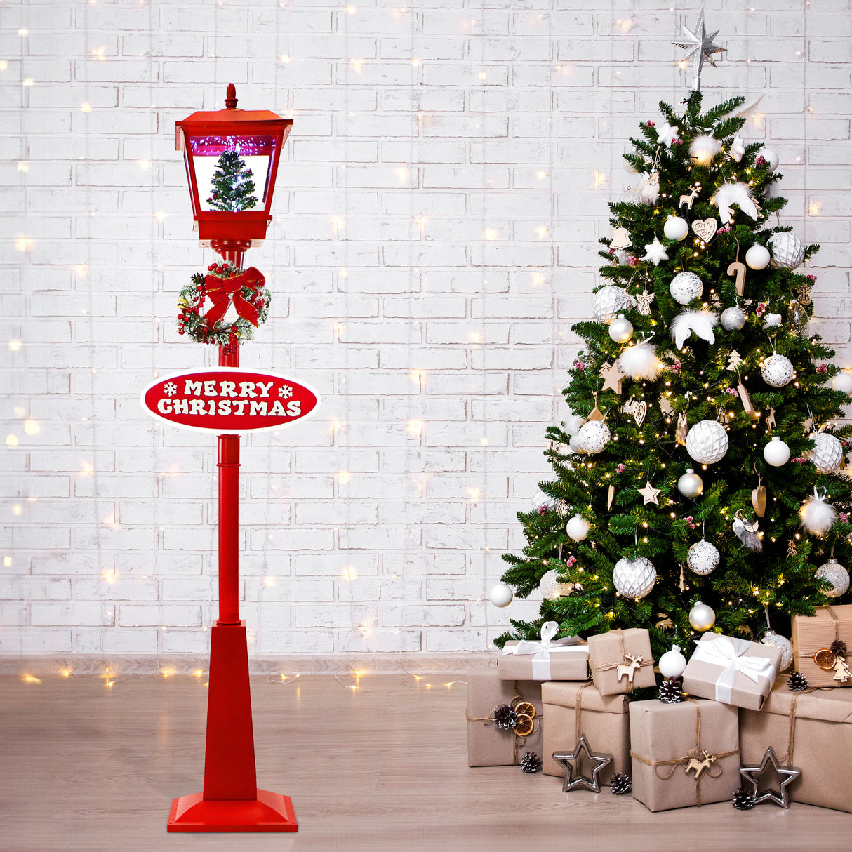 Fraser Hill Farm 71-in Musical Snowy Christmas Lantern in Red