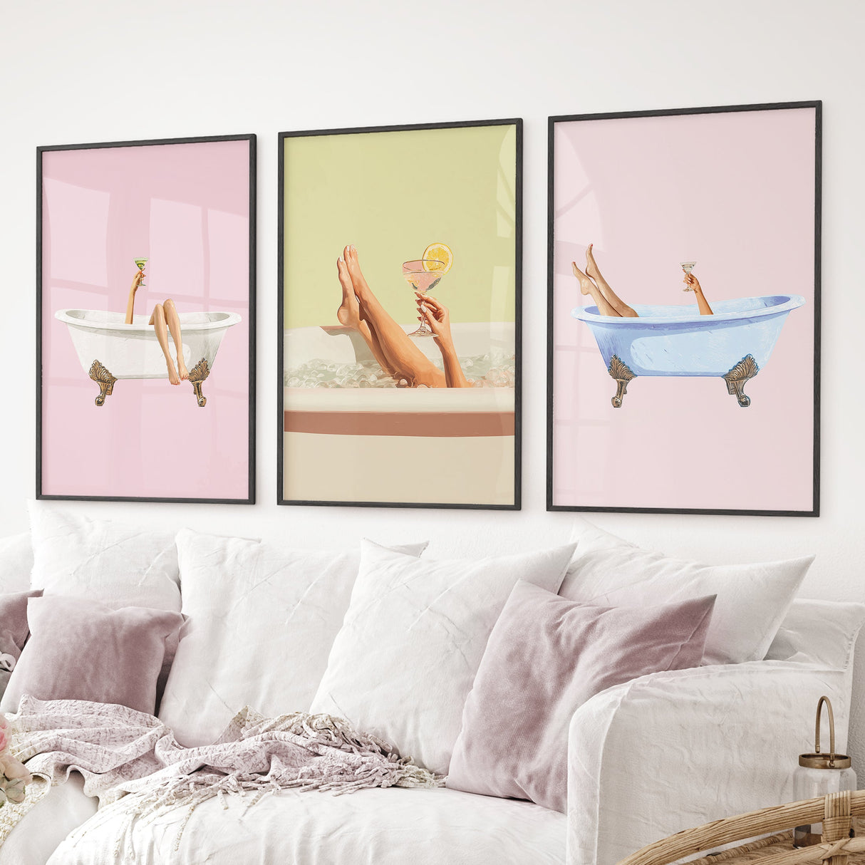 Relaxing Bathtub Prints with Cocktails. Set of 3 Prints