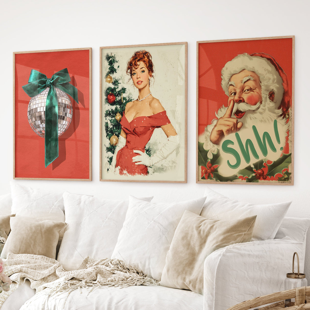 Retro-Holiday-3-Piece-Wall-Art:-Santa,-Pin-Up-Girl,-Disco-Ball-Set-of-3-Prints