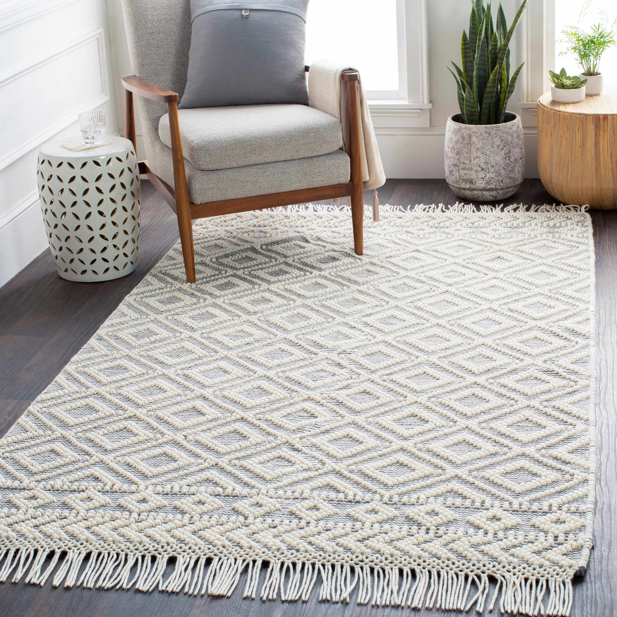 Glastonbury Gray&White Trellis Wool&Cotton Area Rug - Clearance