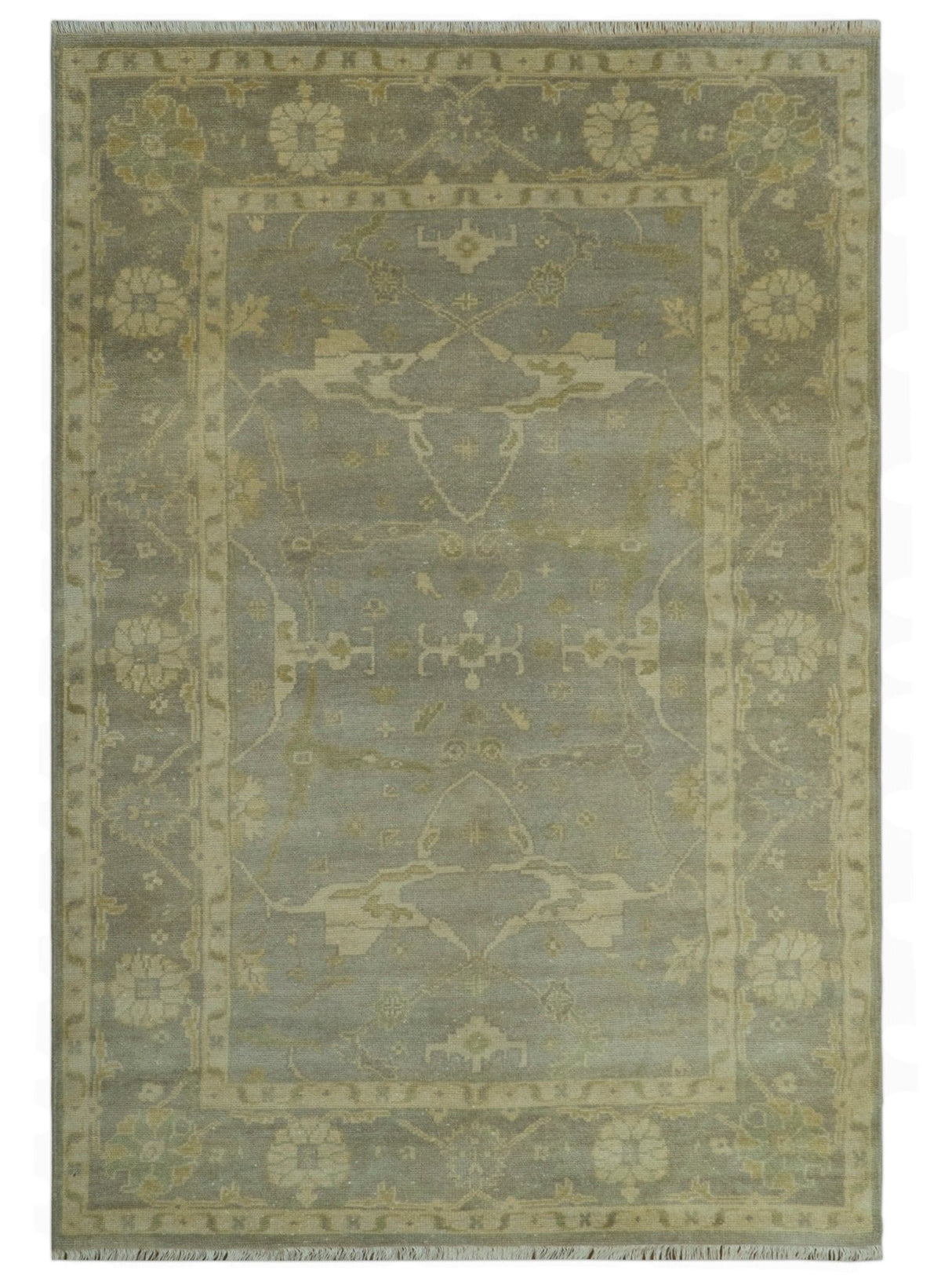 Gray And Beige Traditional Oushak Design Hand Knotted 5.6x8.6 wool area rug