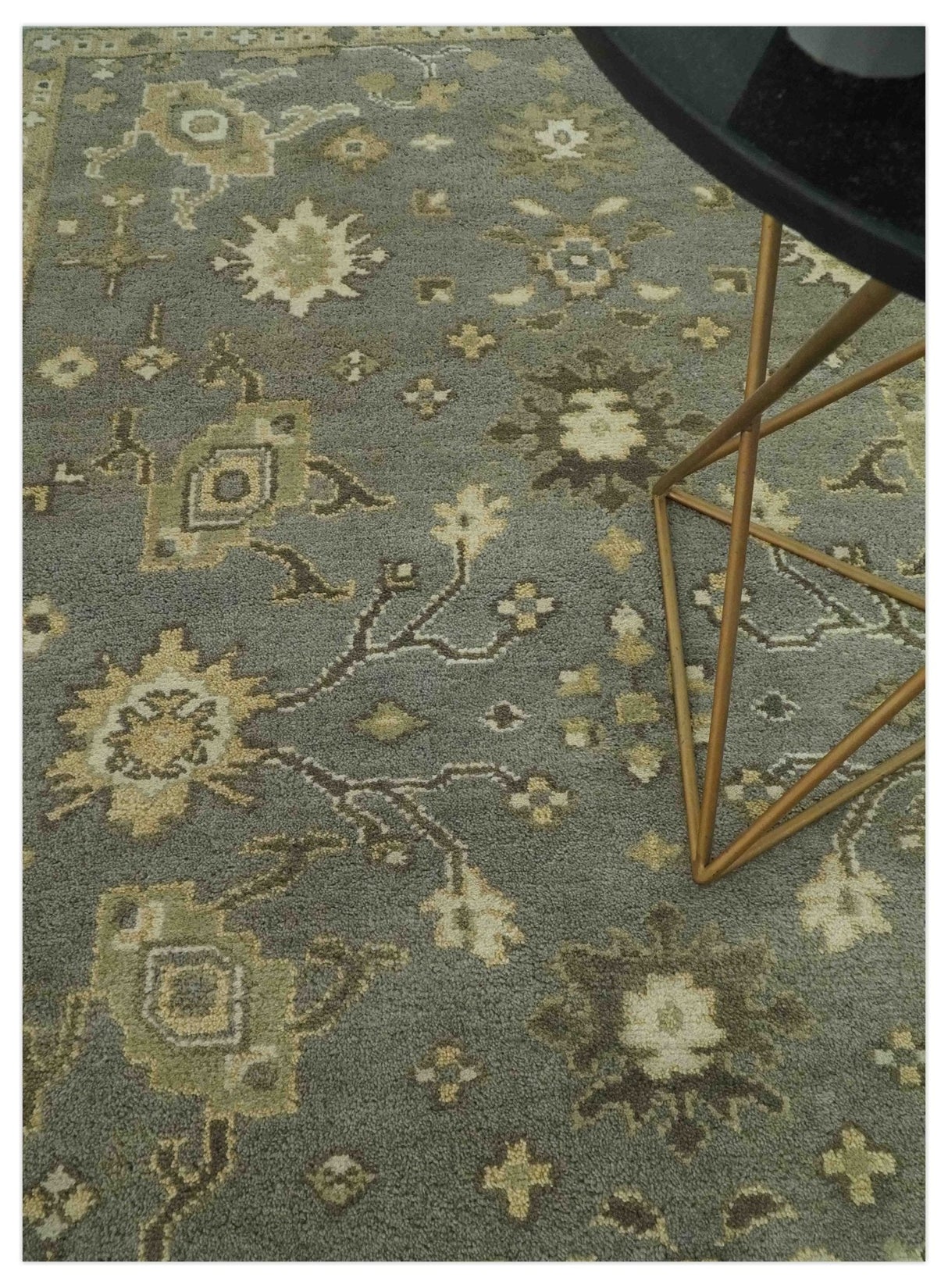 Gray, Ivory and Beige 6x8.8 Hand Knotted Traditional Oushak wool area rug