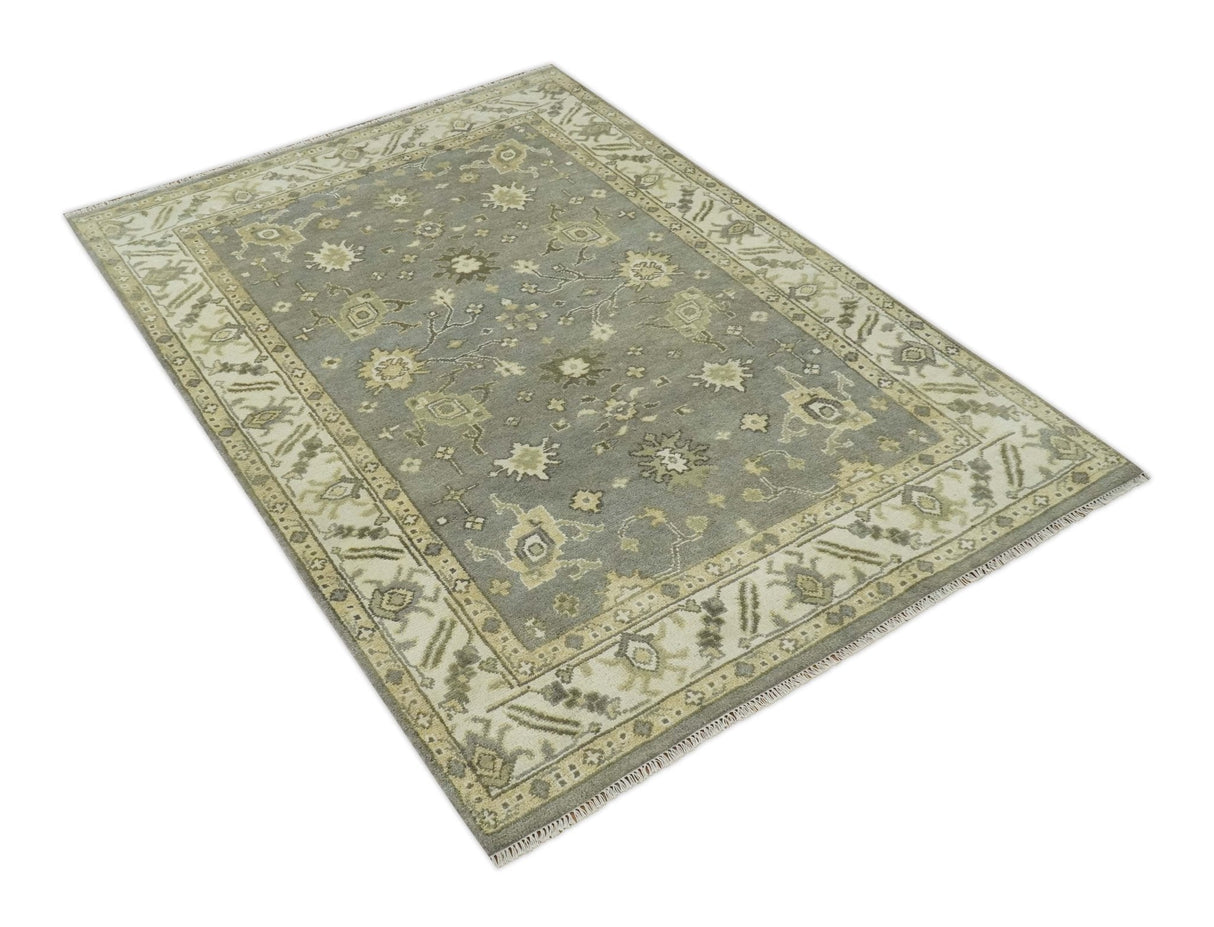 Gray, Ivory and Beige 6x8.8 Hand Knotted Traditional Oushak wool area rug