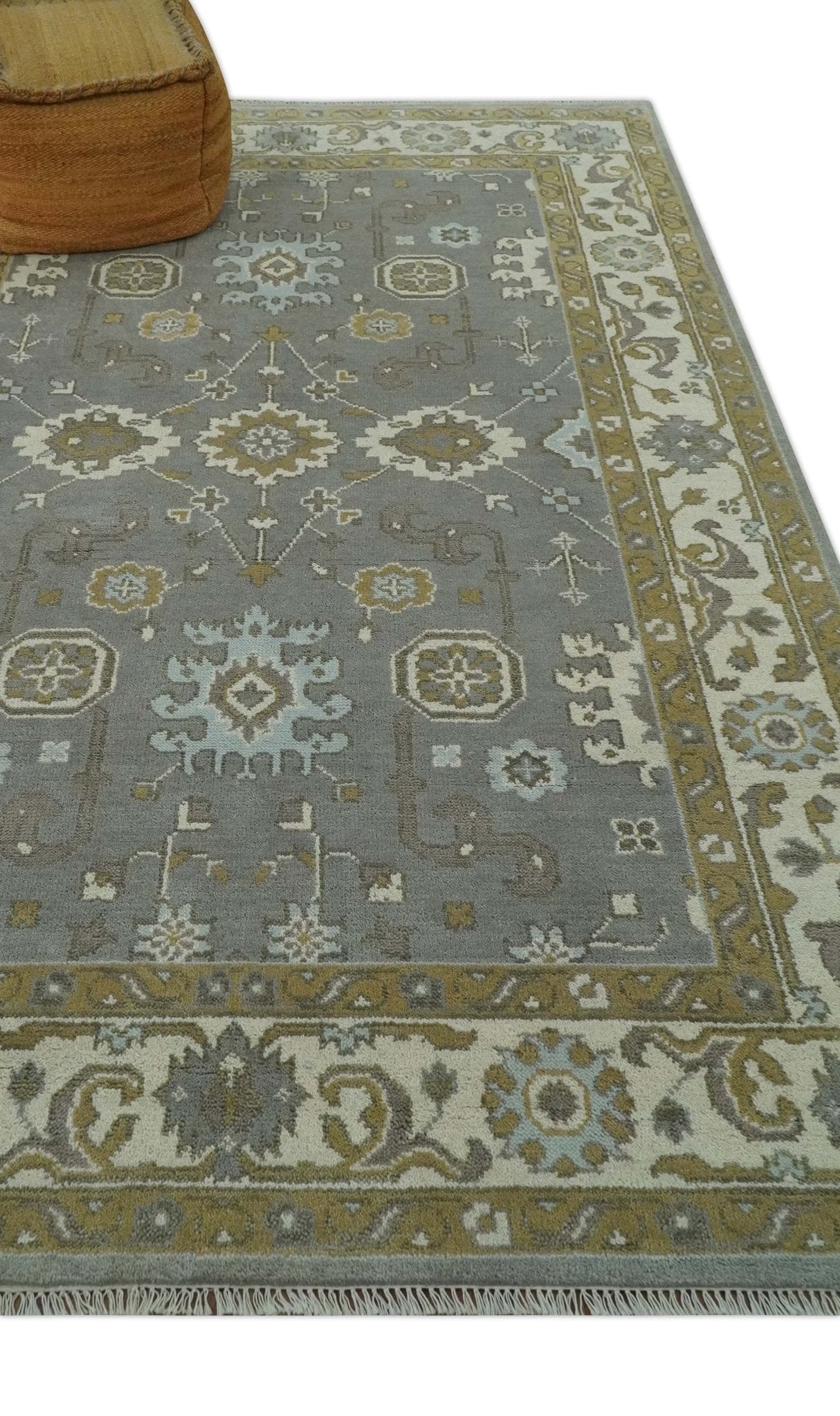 Gray, Ivory and Olive 6x9 Hand Knotted Traditional Oushak wool area rug