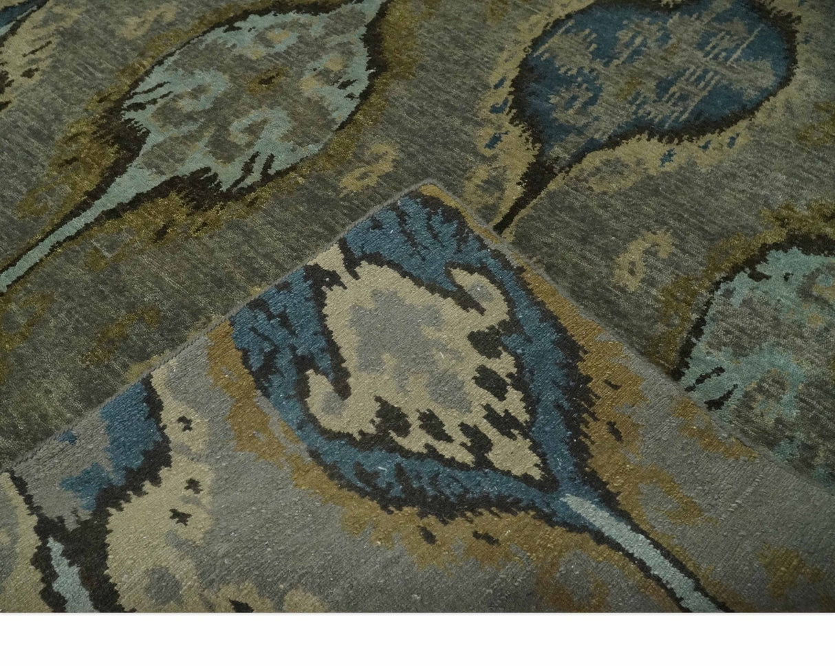Gray, Teal, Beige and Silver Antique Ikat Design 8x10 wool Area Rug