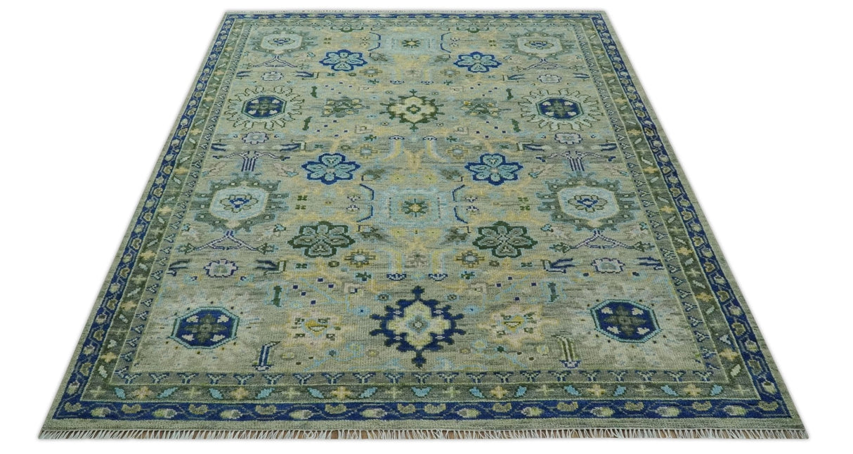 Green, Blue and Mustard Hand Knotted 8x10 Traditional Oushak wool area rug