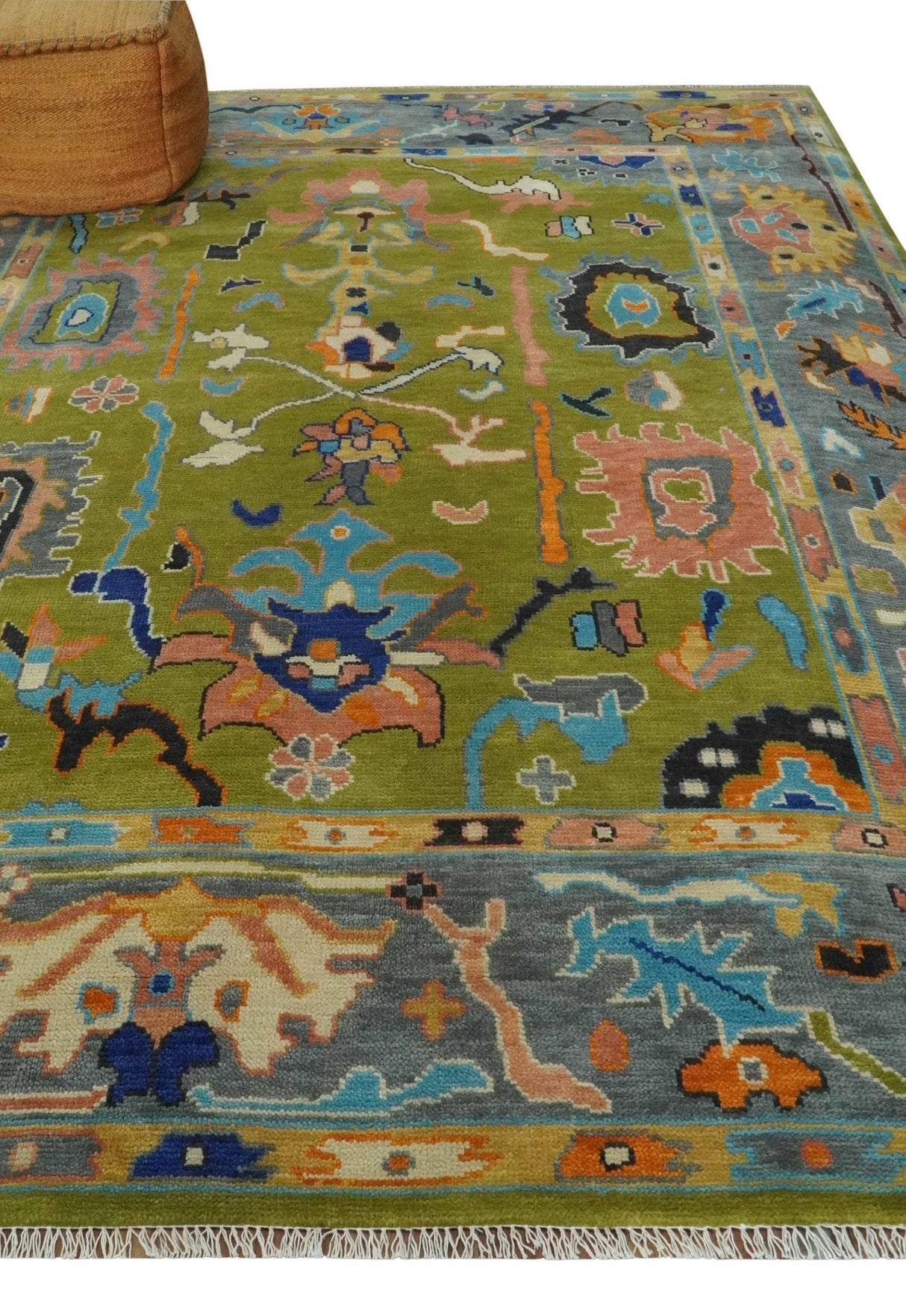 Green, Gray and Peach Vibrant Colorful Hand knotted Traditional Oushak 8x10 and 9x12 wool Area Rug