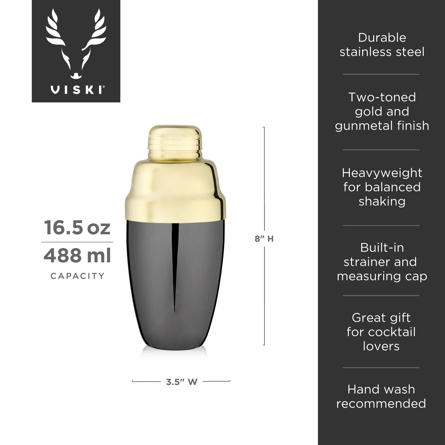Deco heavyweight cocktail shaker in black & gold viski®
