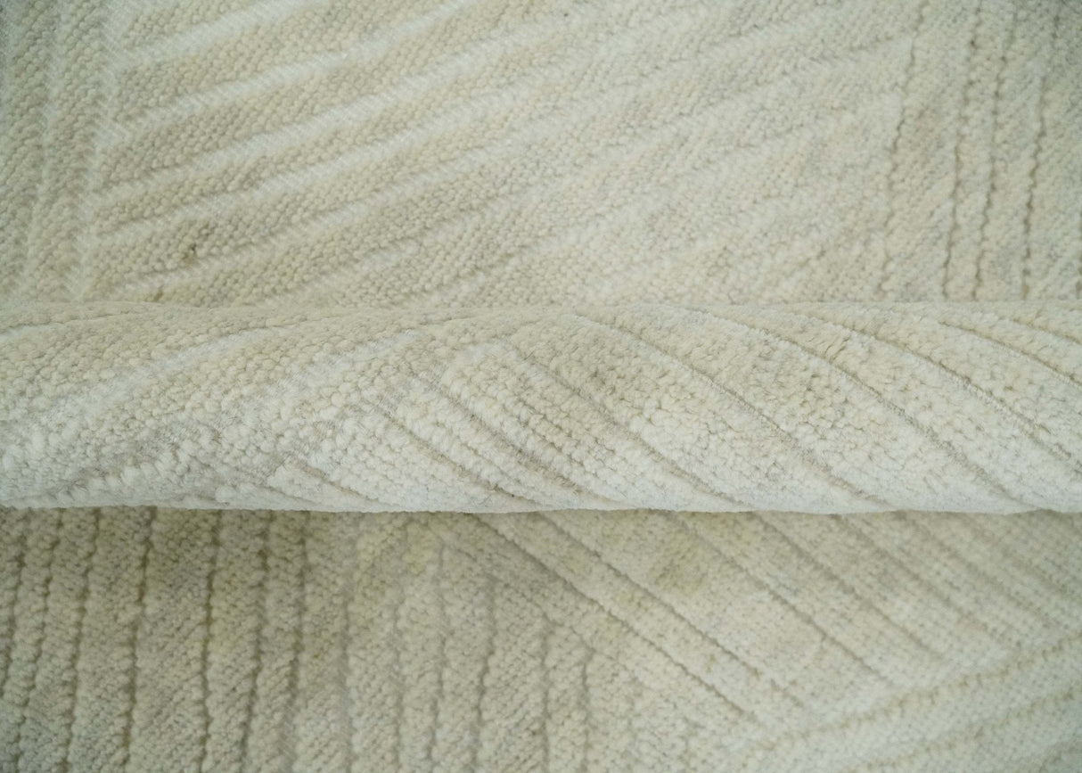 Hand carved Beige Geometrical Stripes Pattern Hand Knotted 9x12 Wool Area Rug