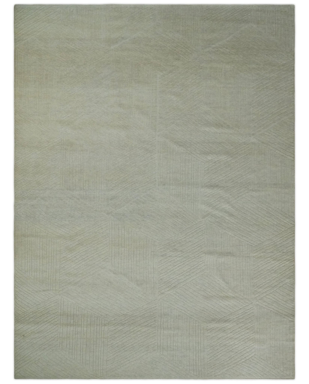 Hand carved Beige Geometrical Stripes Pattern Hand Knotted 9x12 Wool Area Rug