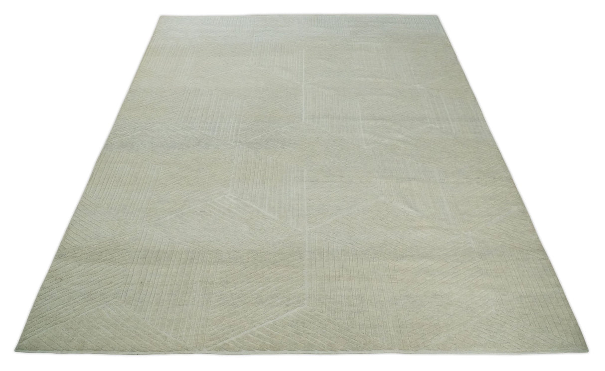 Hand carved Beige Geometrical Stripes Pattern Hand Knotted 9x12 Wool Area Rug