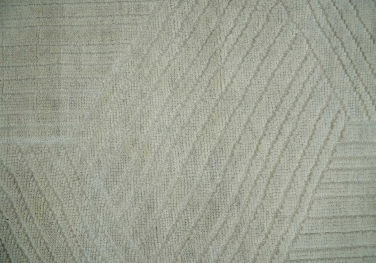 Hand carved Beige Geometrical Stripes Pattern Hand Knotted 9x12 Wool Area Rug