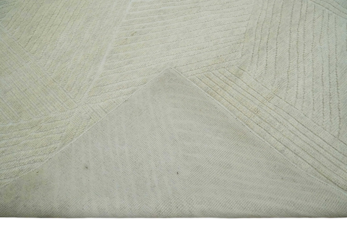 Hand carved Beige Geometrical Stripes Pattern Hand Knotted 9x12 Wool Area Rug