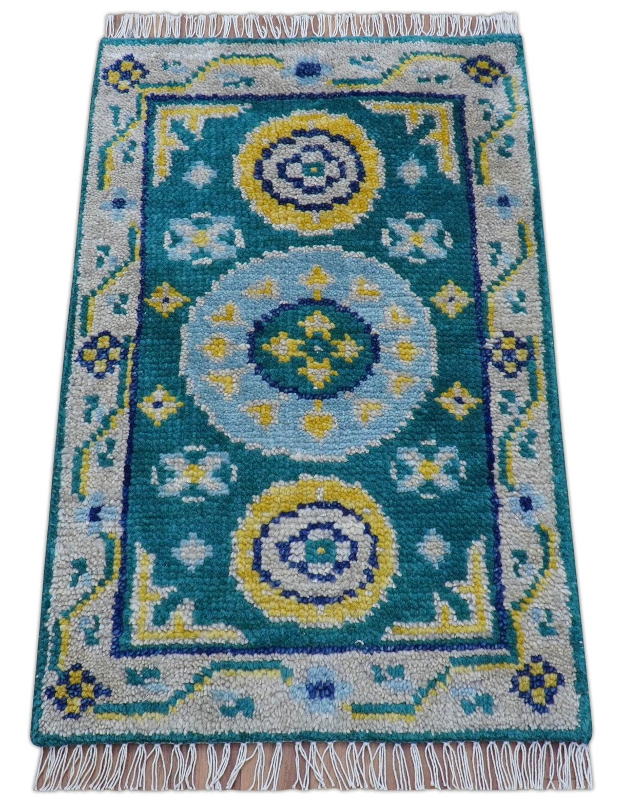 Hand Knotted 2x3 Traditional Khotan Design Teal And Mustard Wool Rug