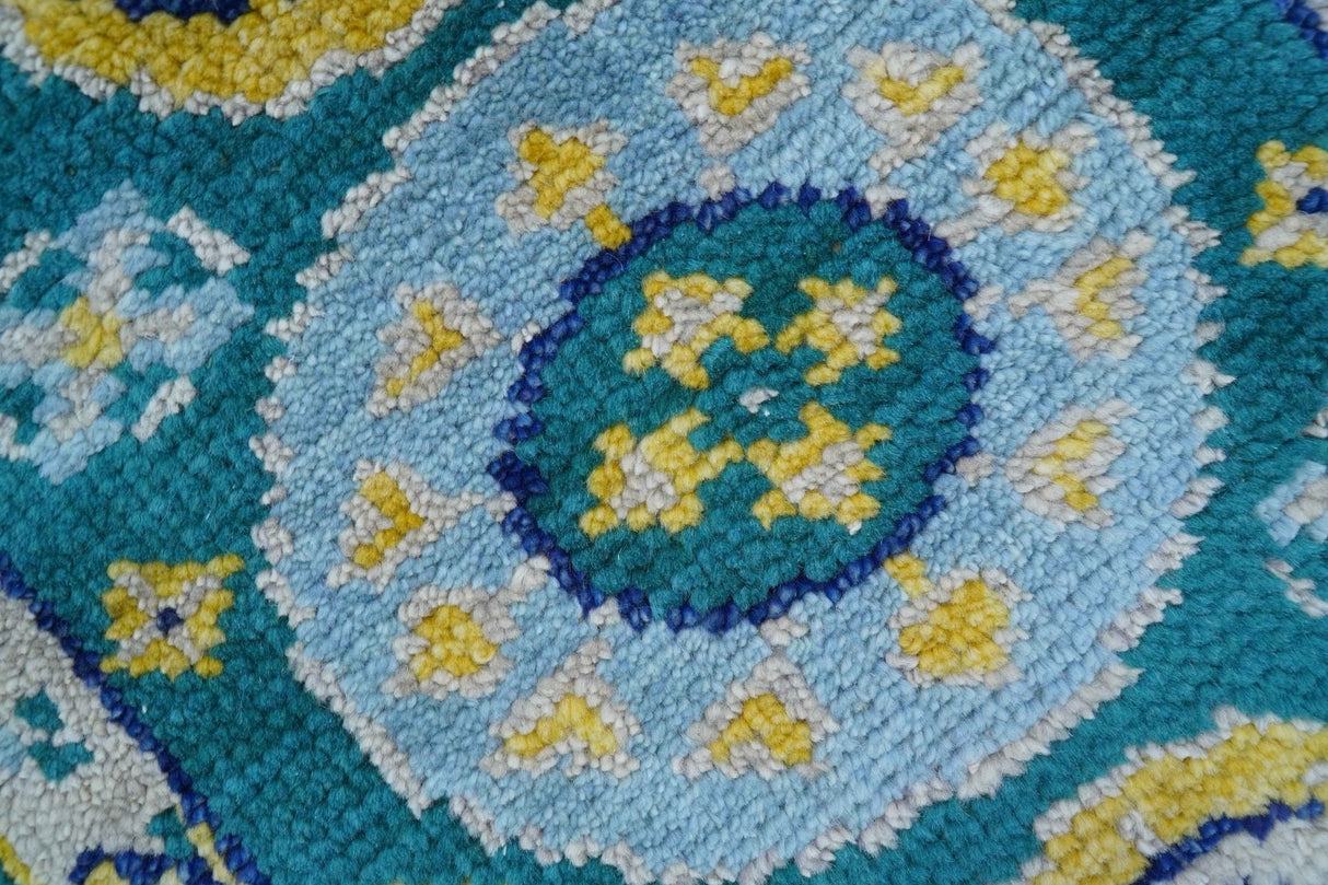 Hand Knotted 2x3 Traditional Khotan Design Teal And Mustard Wool Rug