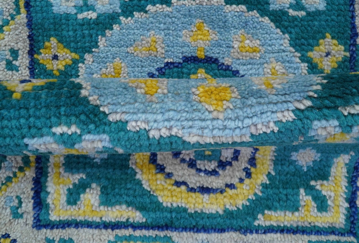 Hand Knotted 2x3 Traditional Khotan Design Teal And Mustard Wool Rug