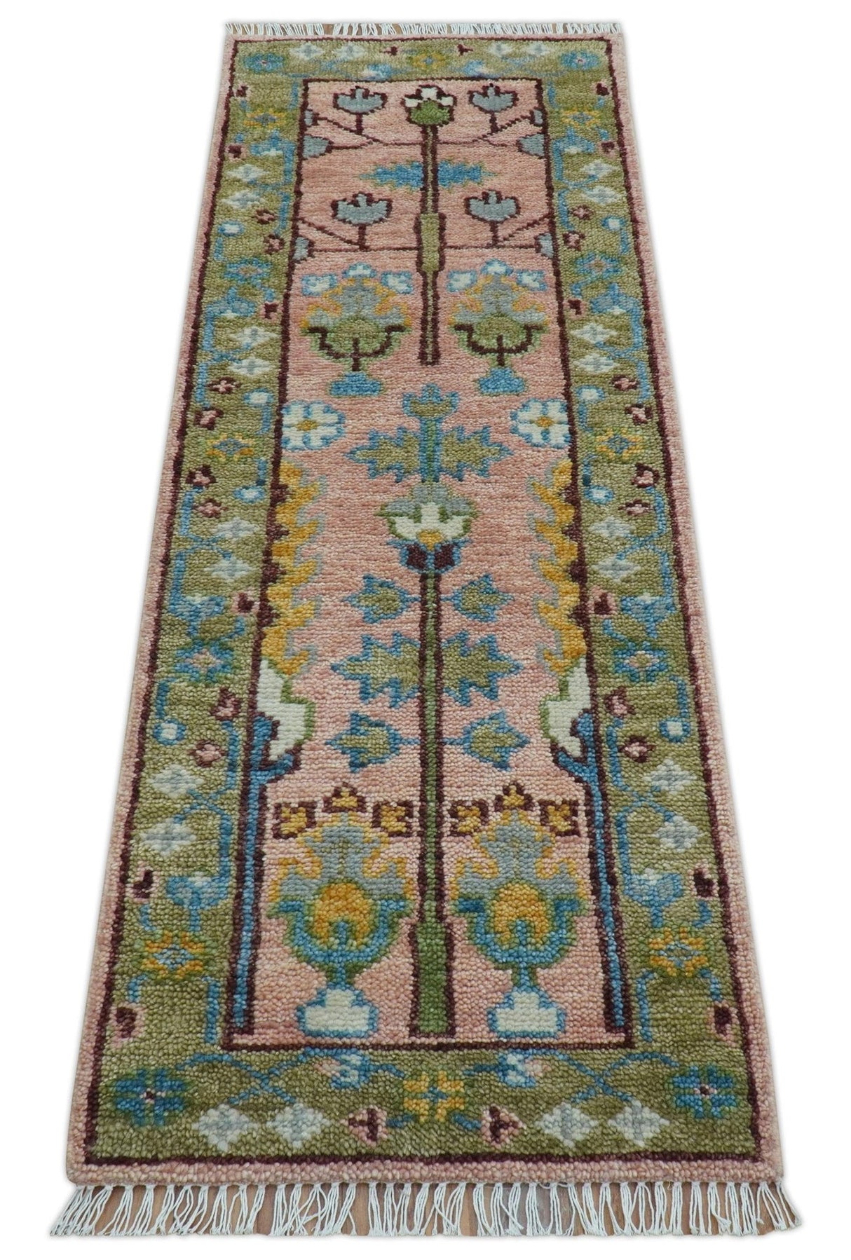 Hand knotted 2x6 Peach And Green Traditional Oushak Design Wool Area Rug
