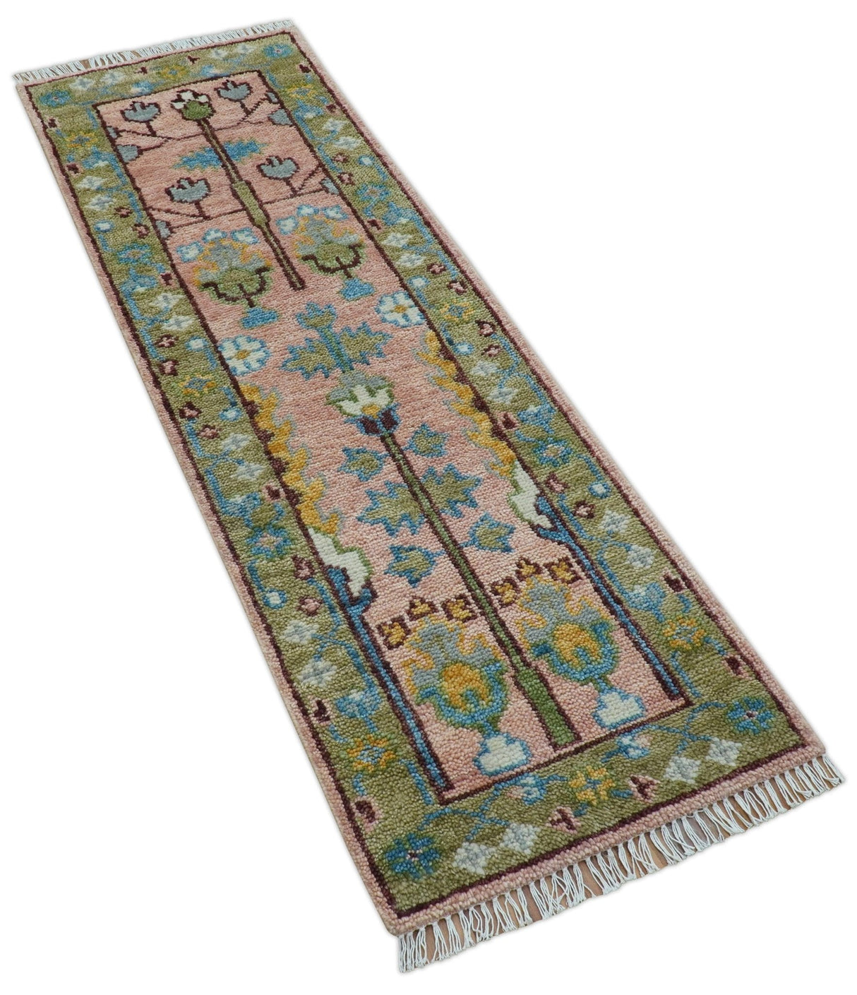 Hand knotted 2x6 Peach And Green Traditional Oushak Design Wool Area Rug