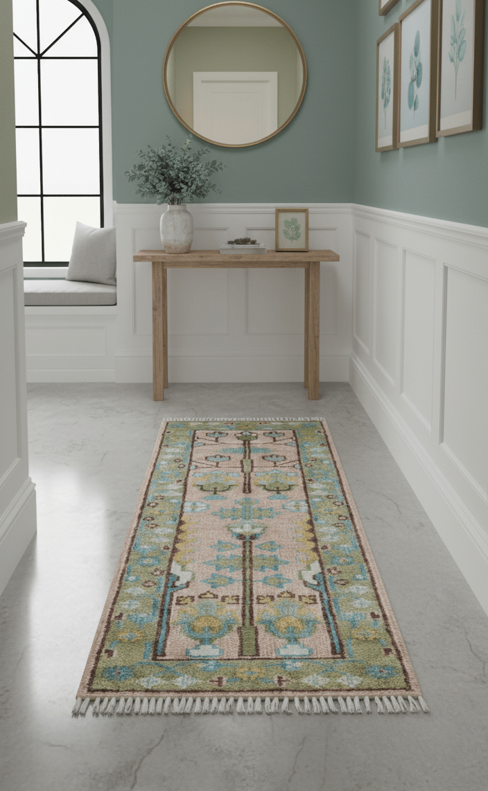 Hand knotted 2x6 Peach And Green Traditional Oushak Design Wool Area Rug