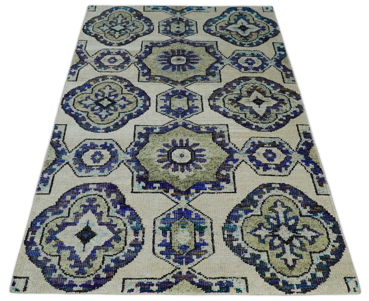 Hand Knotted 5x8 Beige, Blue and Olive Modern Style Recycled Silk Area Rug