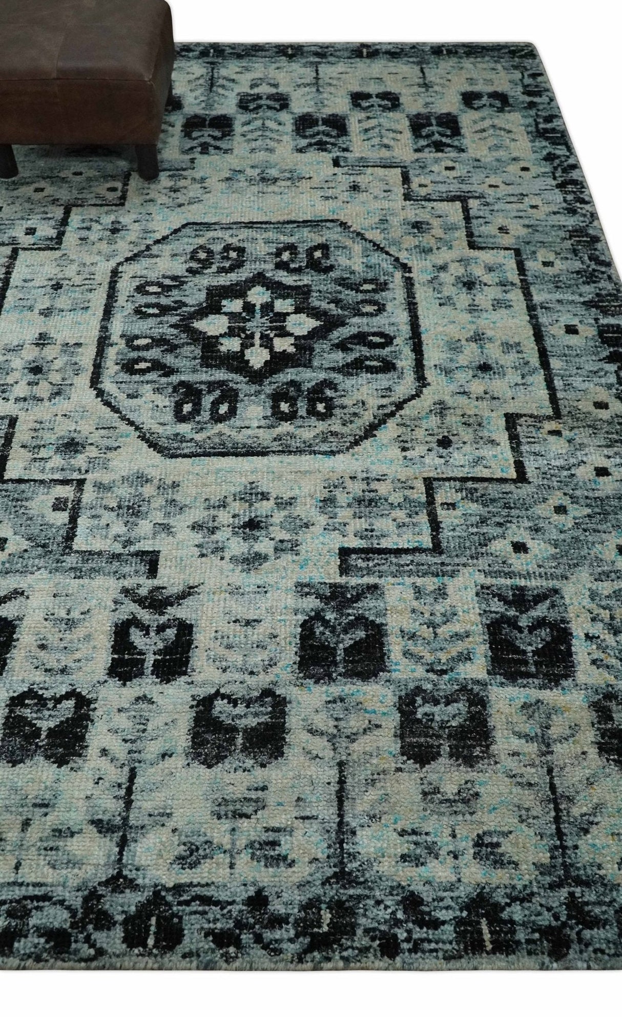 Hand Knotted 5x8 Ivory, Silver and Black Geometric Style Bamboo Silk Area Rug