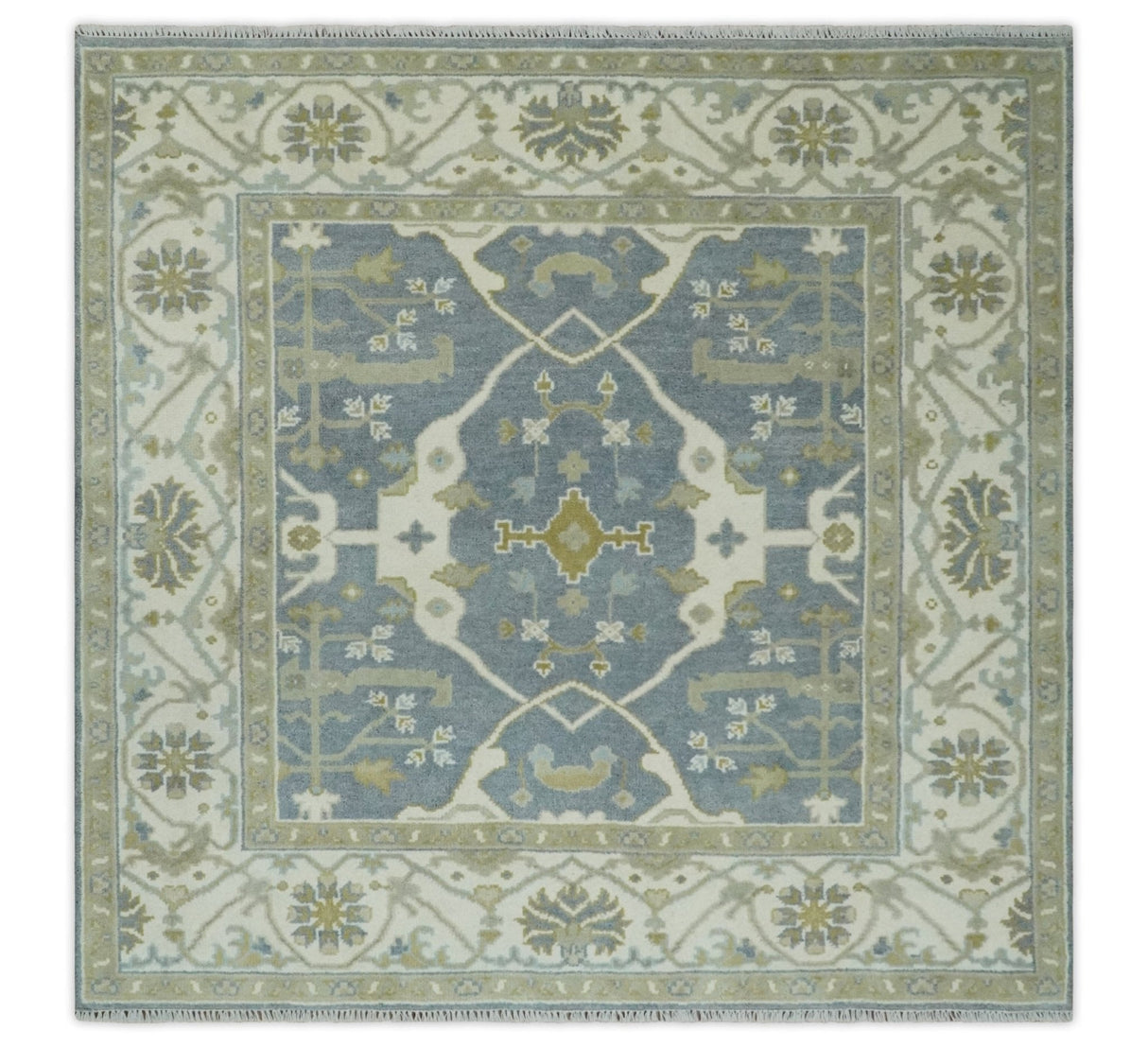Hand Knotted 6x6 Square Oriental Oushak Ivory, Charcoal and olive Wool Area Rug