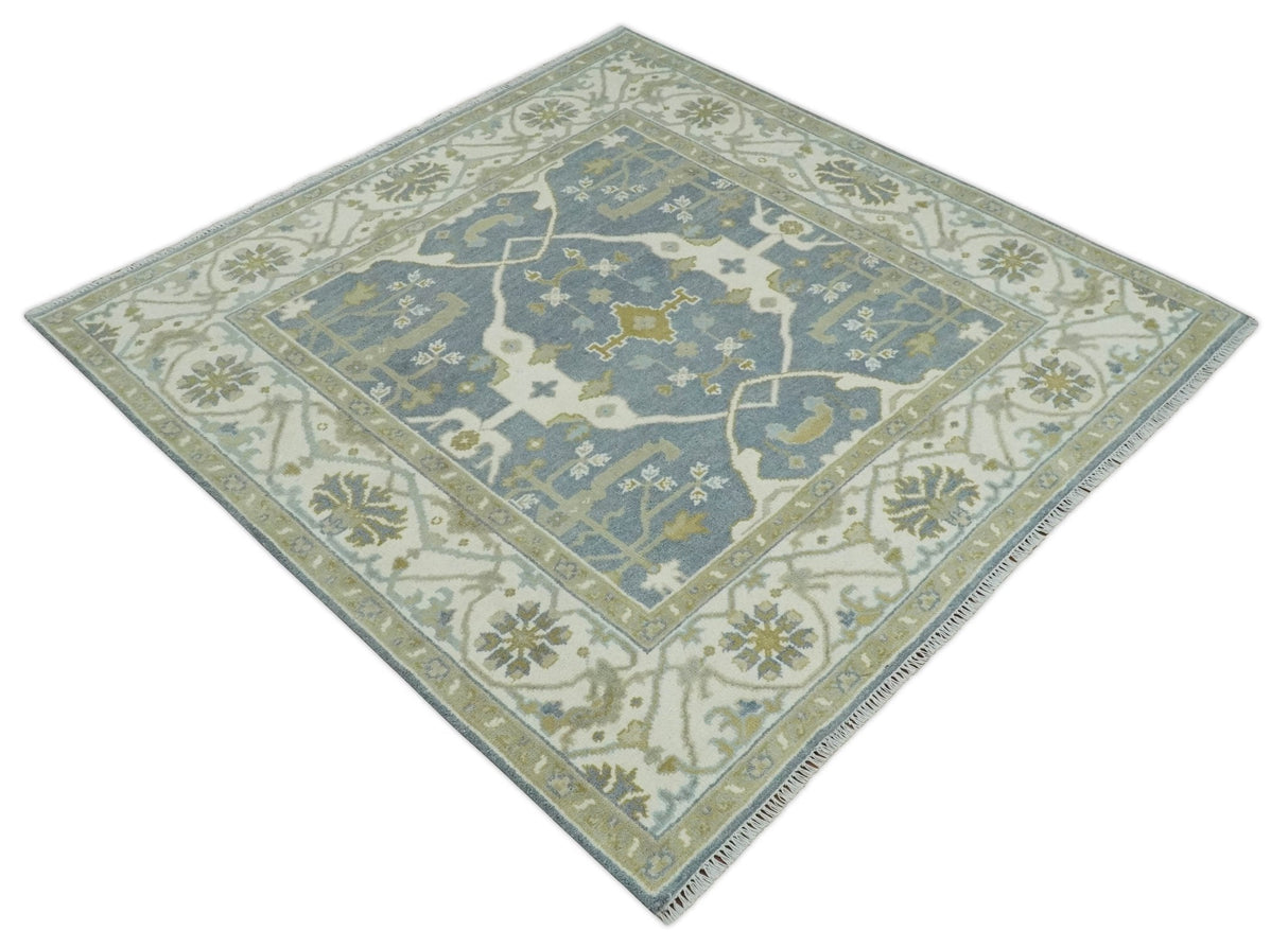 Hand Knotted 6x6 Square Oriental Oushak Ivory, Charcoal and olive Wool Area Rug