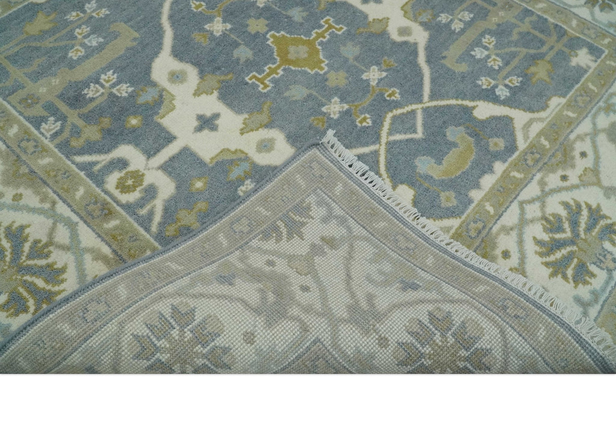 Hand Knotted 6x6 Square Oriental Oushak Ivory, Charcoal and olive Wool Area Rug