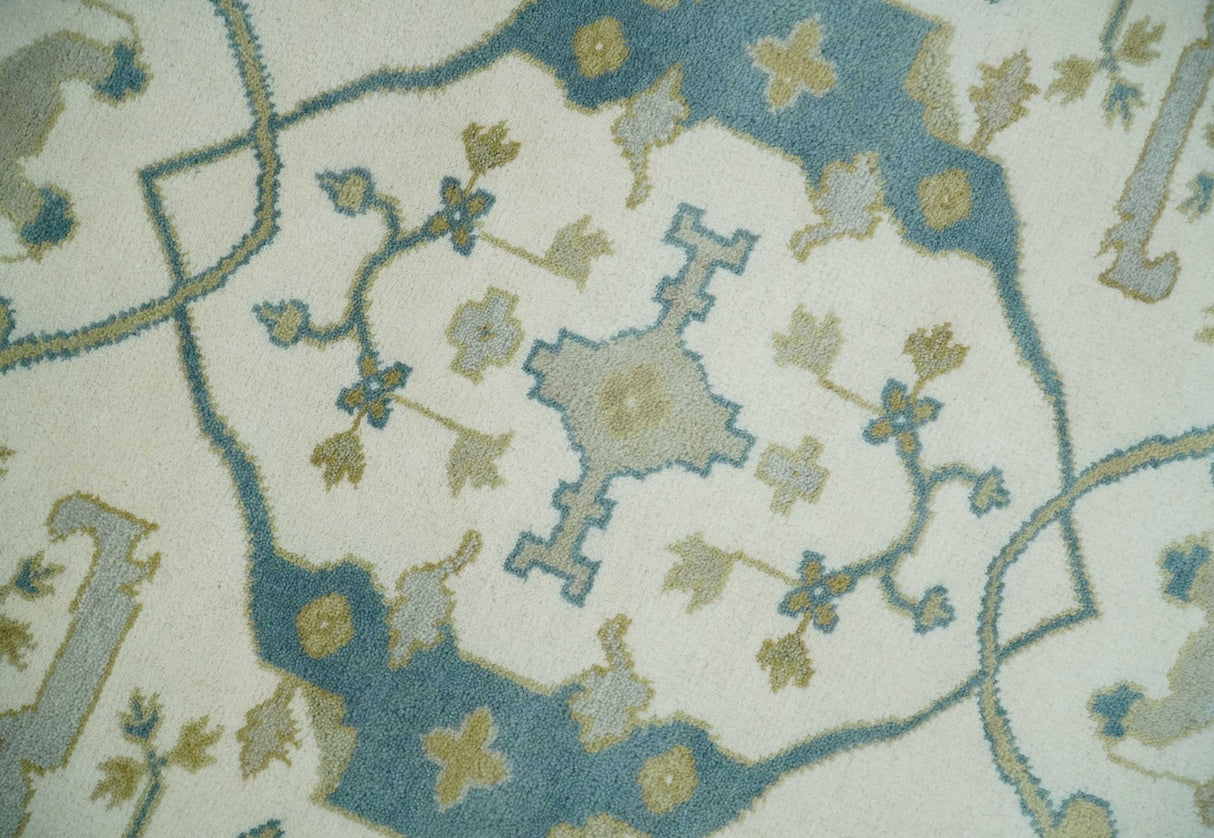 Hand Knotted 6x6 Square Oriental Oushak Ivory, Teal and Beige Wool Area Rug