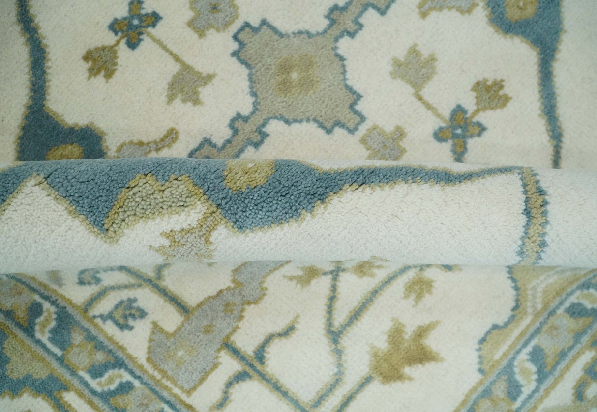 Hand Knotted 6x6 Square Oriental Oushak Ivory, Teal and Beige Wool Area Rug