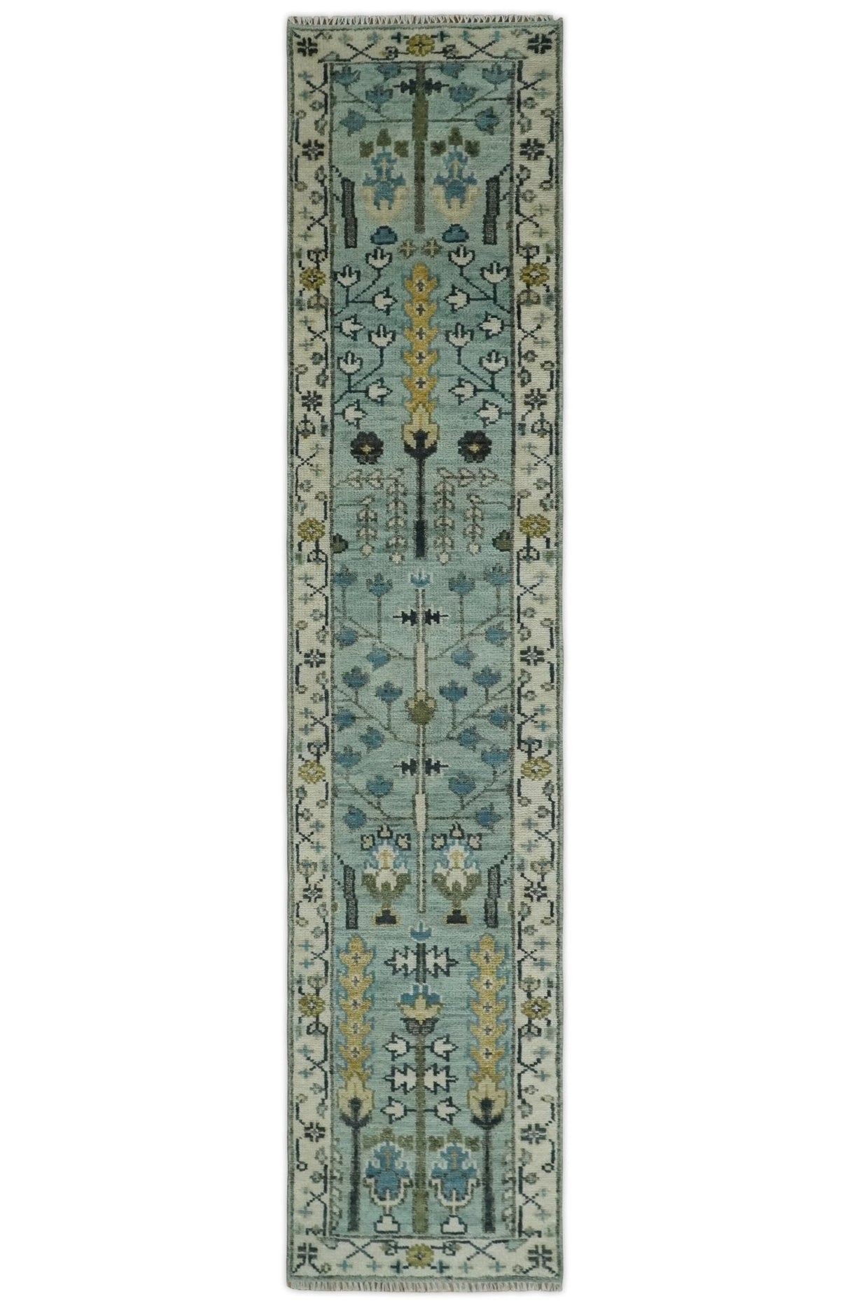 Custom Made Hand Knotted Tree of life Blue And Ivory Runner Wool Rug