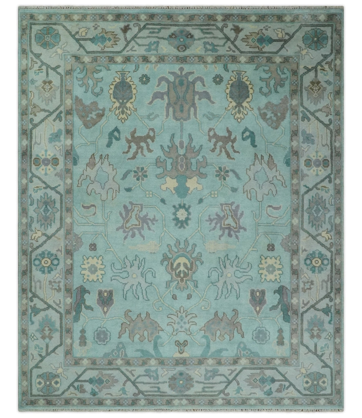 Hand Knotted 8x10 Aqua and Silver Antique Oushak Wool Area Rug