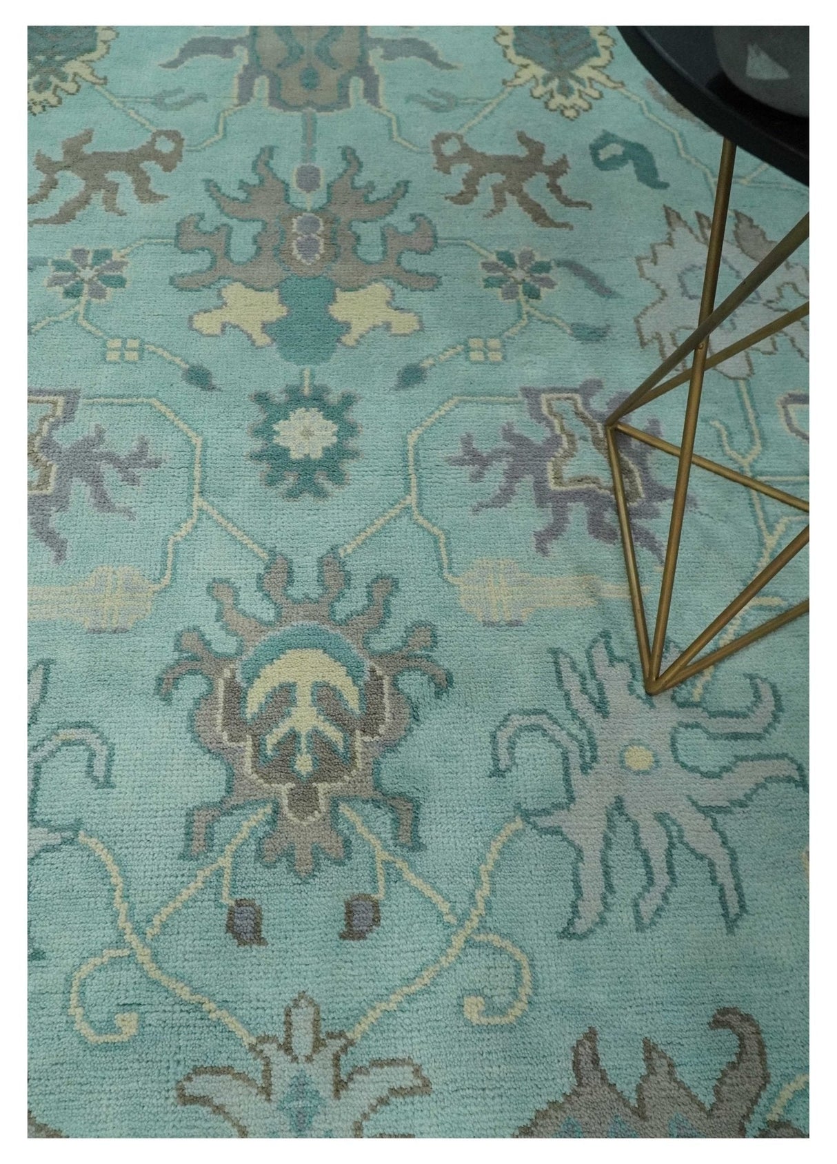 Hand Knotted 8x10 Aqua and Silver Antique Oushak Wool Area Rug