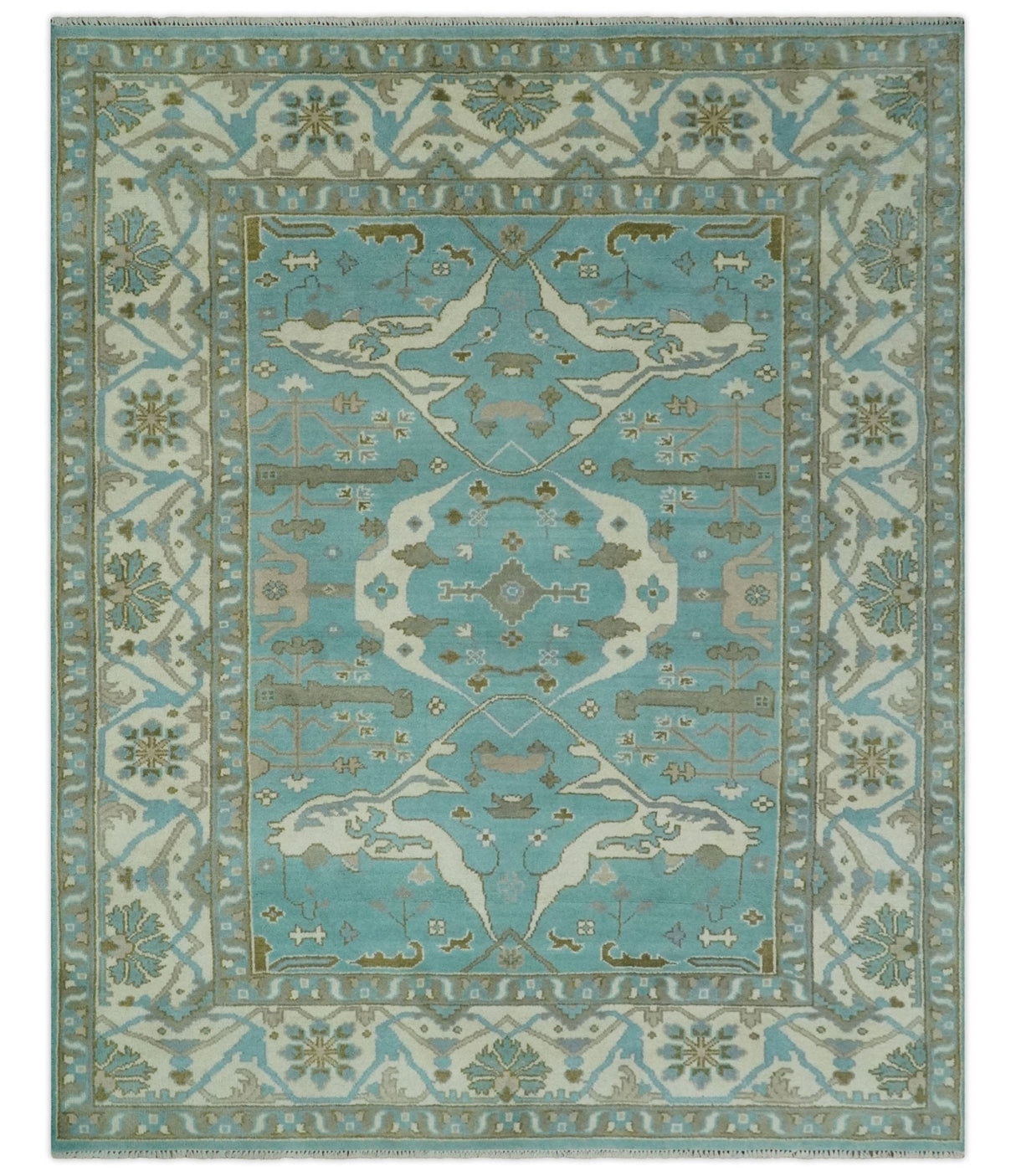 Hand Knotted 8x10 Oushak Aqua, Ivory and Brown Wool Area Rug