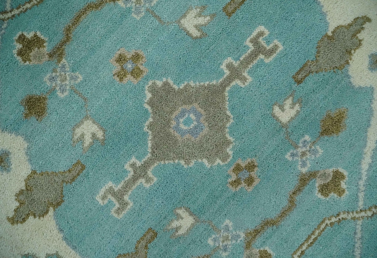 Hand Knotted 8x10 Oushak Aqua, Ivory and Brown Wool Area Rug