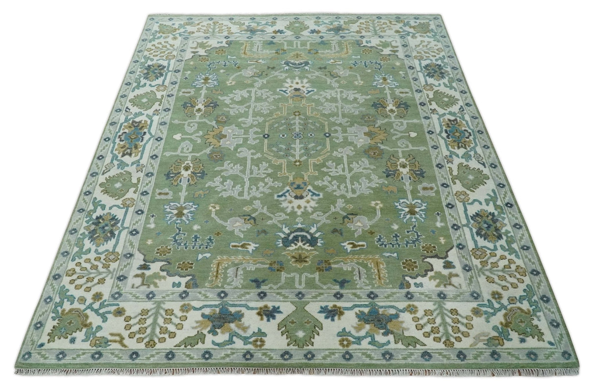 Hand Knotted Green, Ivory and Silver Traditional Turkish Vintage Style Wool Rug