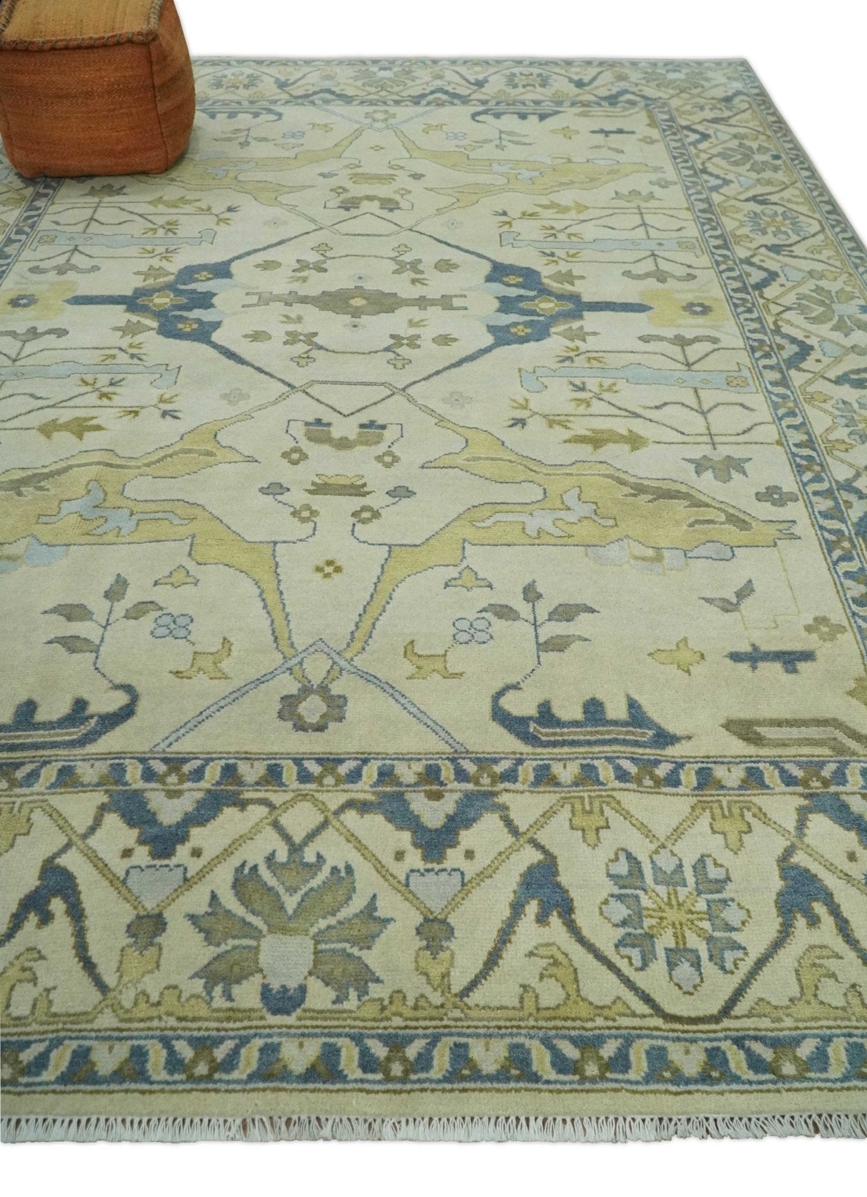 Hand Knotted 9x12 Oriental Oushak Beige and Blue Wool Area Rug, Living Room Rug | TRDCP1093912