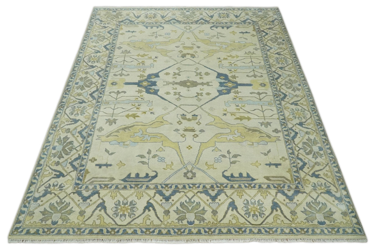Hand Knotted 9x12 Oriental Oushak Beige and Blue Wool Area Rug, Living Room Rug | TRDCP1093912