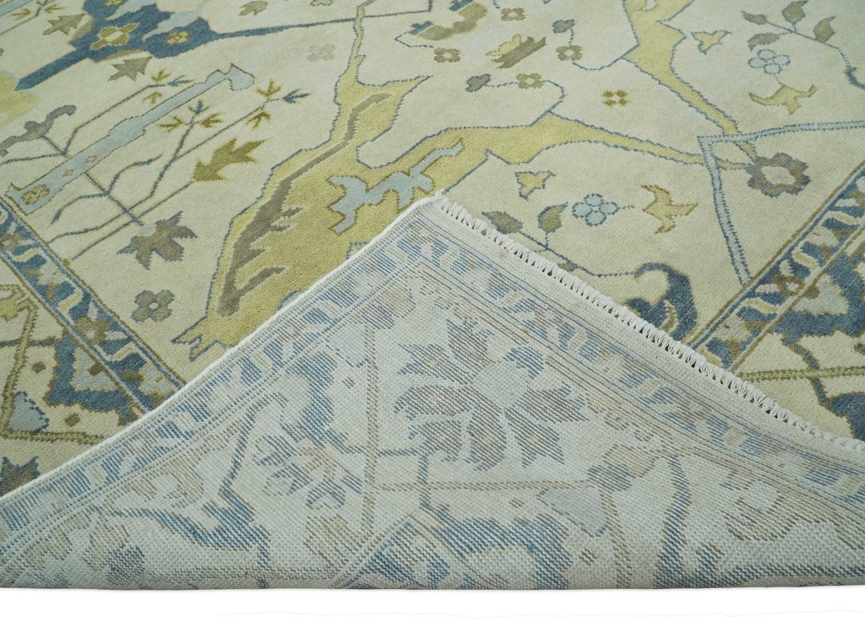 Hand Knotted 9x12 Oriental Oushak Beige and Blue Wool Area Rug, Living Room Rug | TRDCP1093912