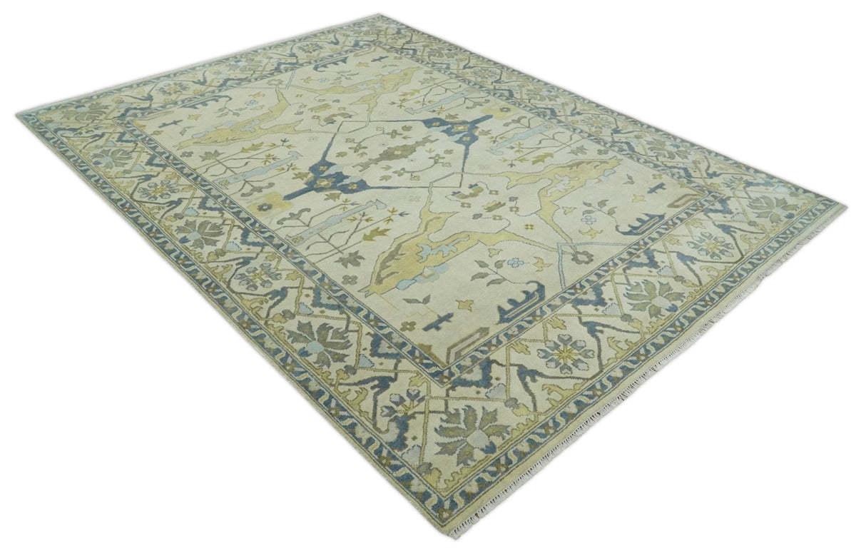 Hand Knotted 9x12 Oriental Oushak Beige and Blue Wool Area Rug, Living Room Rug | TRDCP1093912