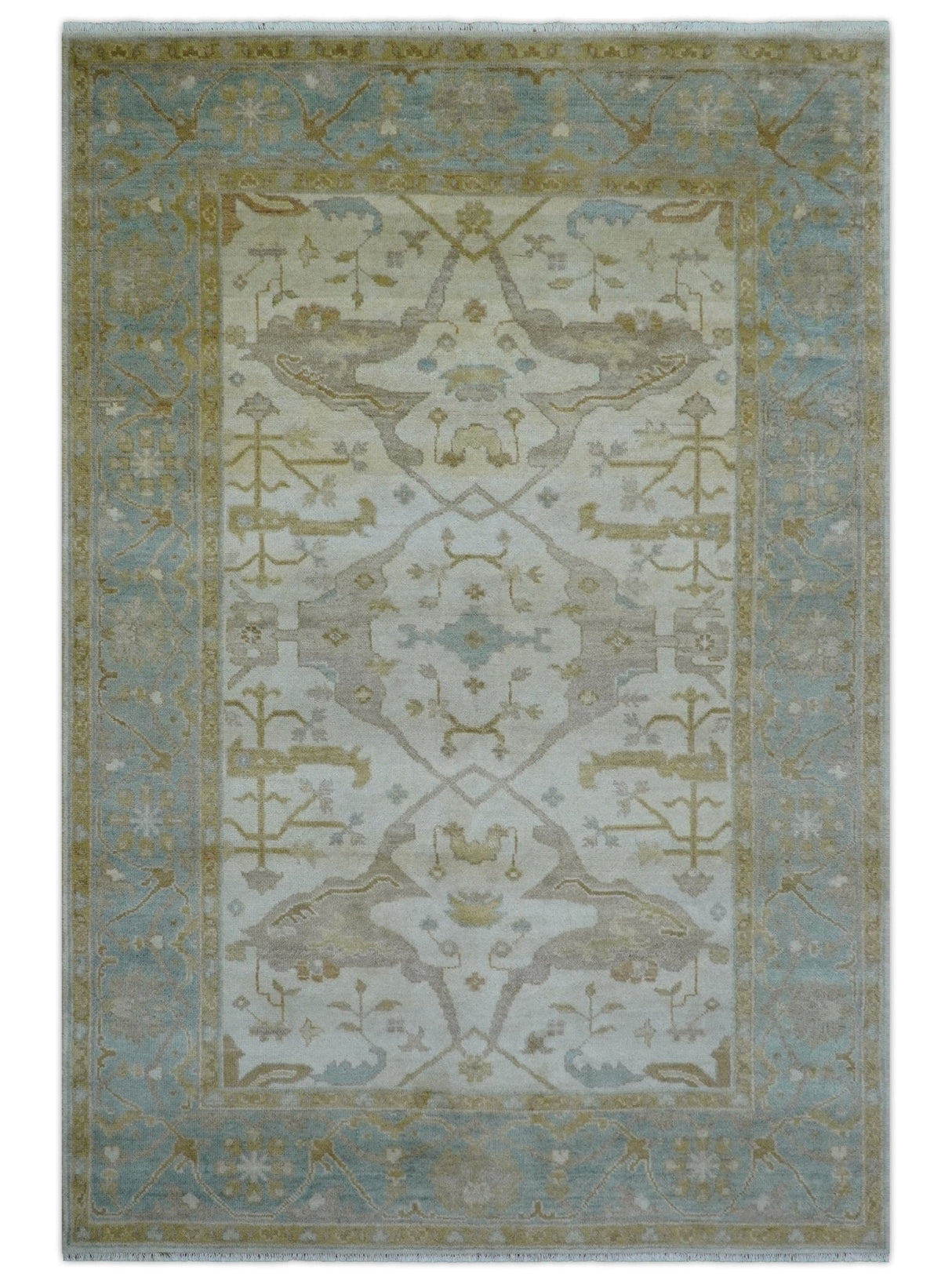 Hand Knotted Beige And Blue Traditional Oushak Design 6x9 Wool Rug