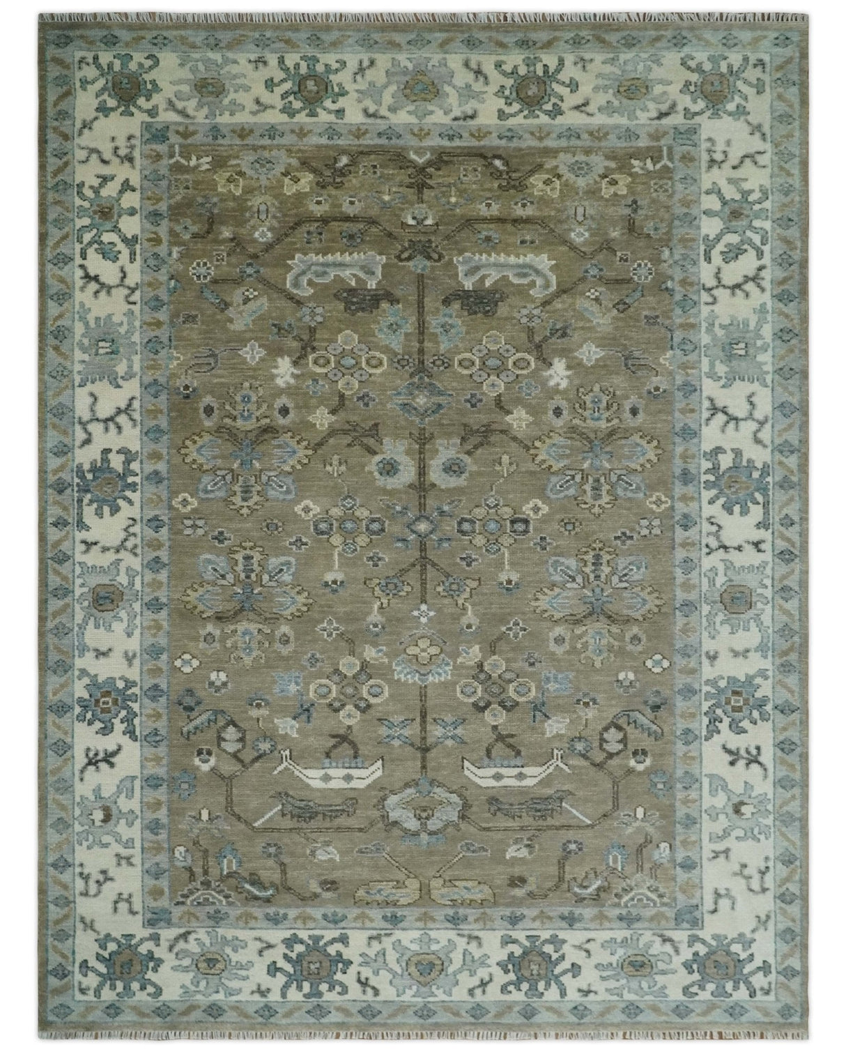Hand Knotted Beige, Ivory and Silver Oriental Oushak 9x12 Traditional Wool Area Rug