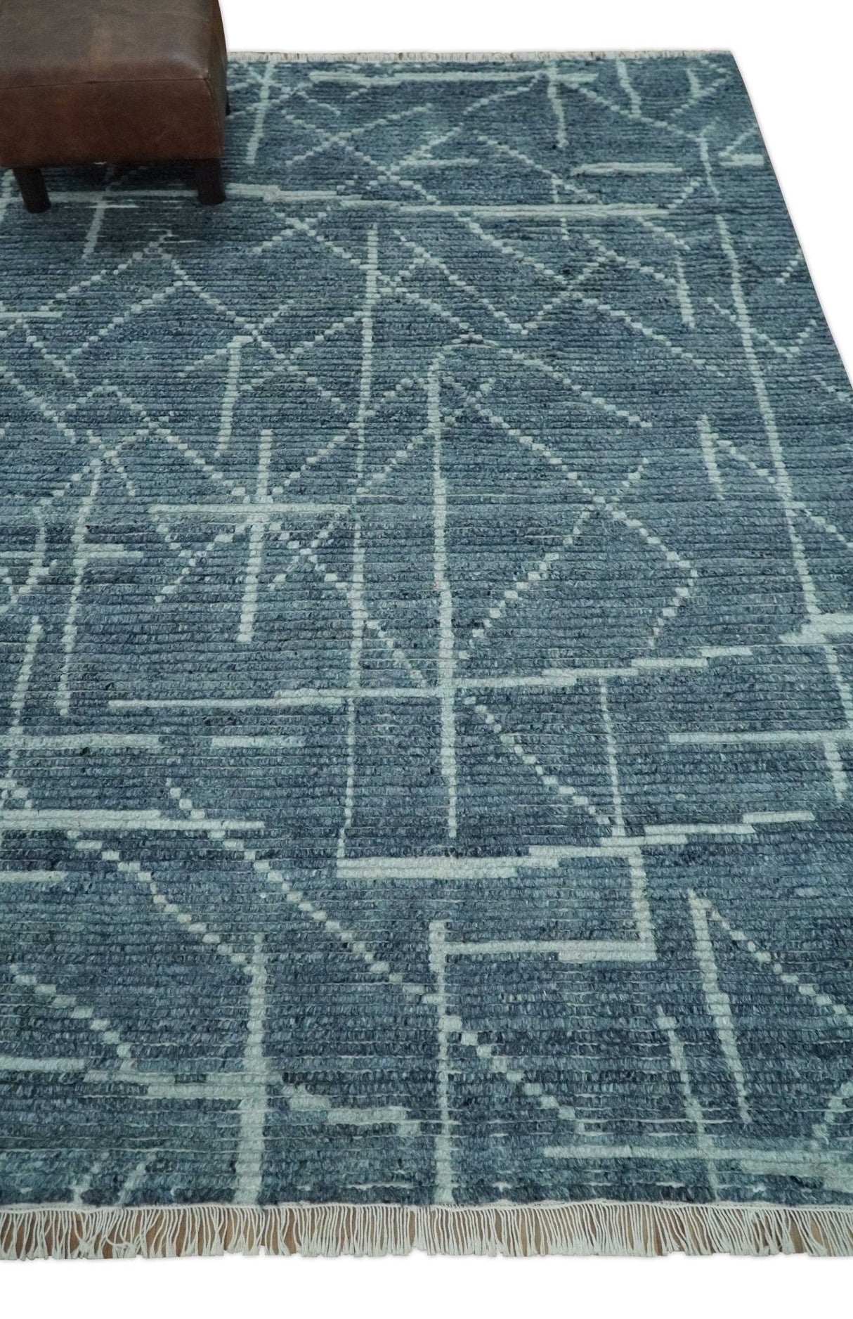 Hand Knotted Blue and Silver Trellis Moroccan Blended Wool Rug