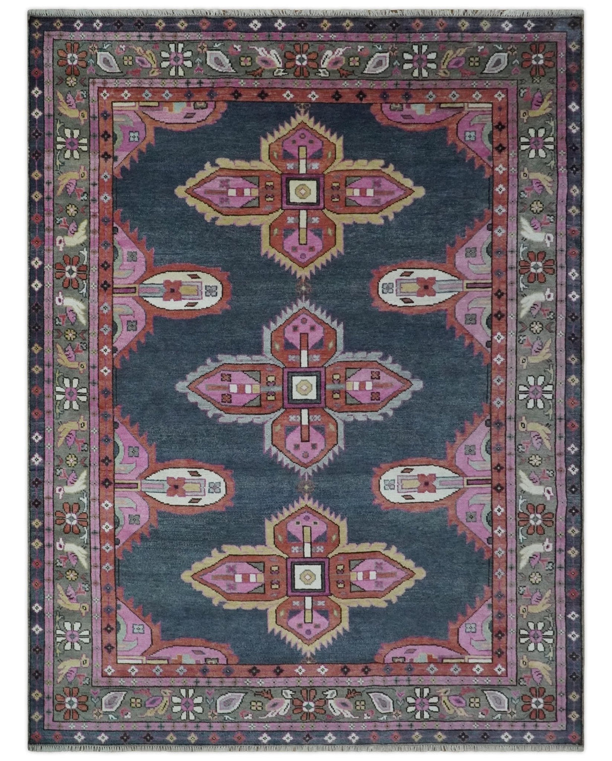 Hand Knotted Charcoal, Silver and Pink Traditional 9x12 Wool Area Rug