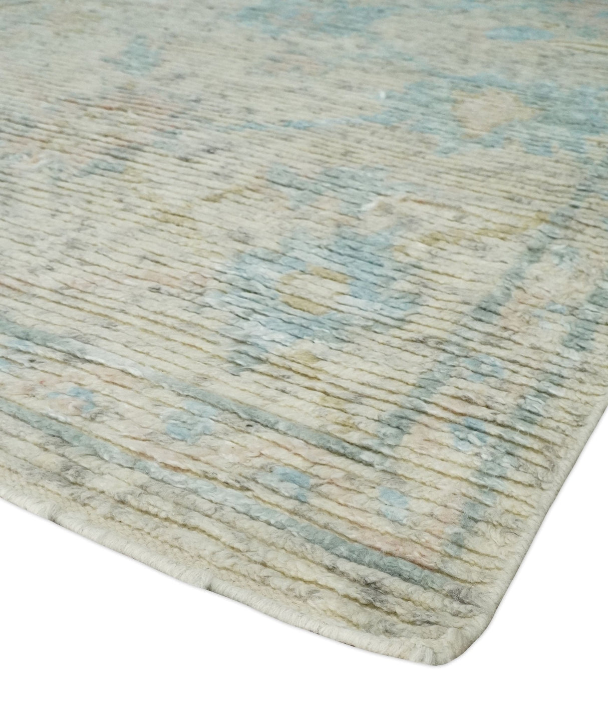 Modern Contemporary Ivory and Blue Hand Knotted Wool Rug
