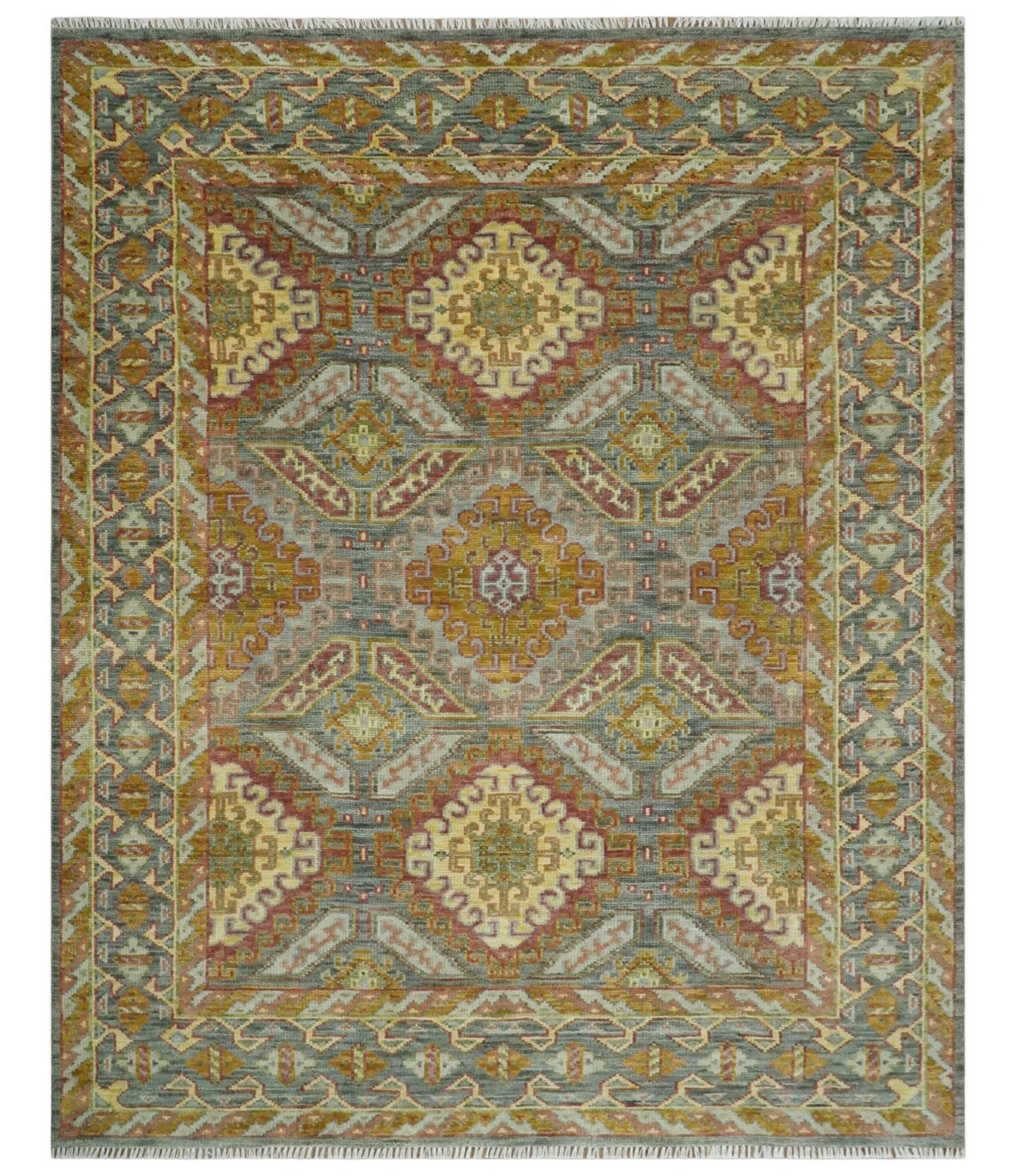 Hand Knotted Gold and Charcoal 8x10 Oriental Traditional Wool Area Rug