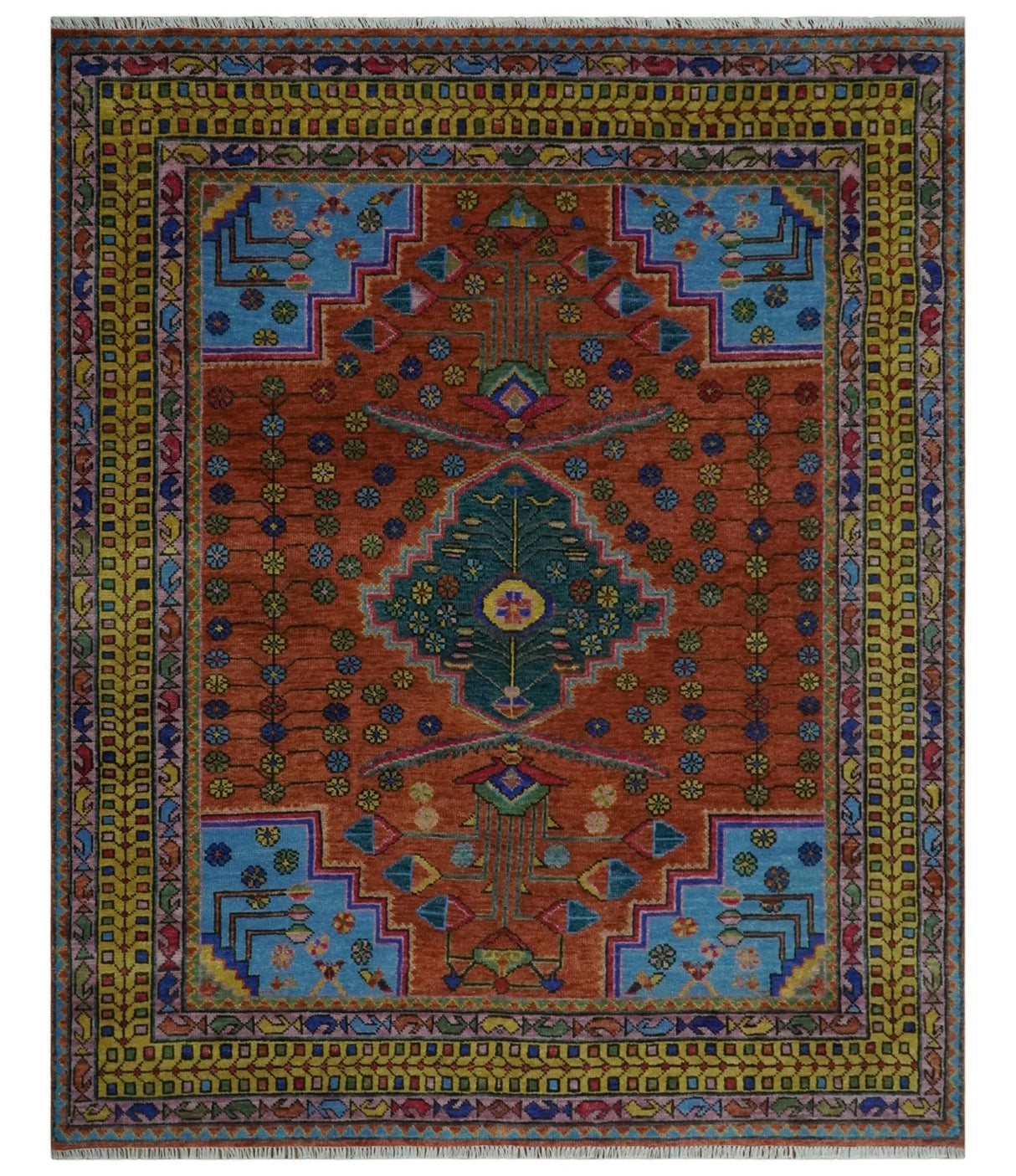 Hand Knotted Green, Rust, Yellow, Pink and Blue Traditional Floral 8x10 Wool Area Rug